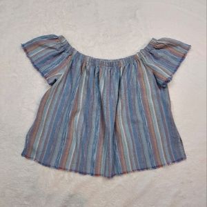 Cloth & Stone Blue Multicolor Striped Stretch Neckline Off Shoulder Blouse Sz M